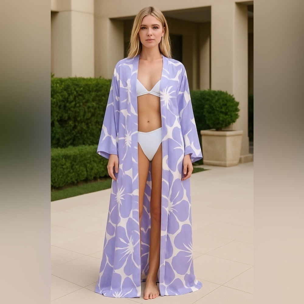 Vintage Oscar de La Renta Satin Tropical Floral Hawaiian Maxi swim cover Robe